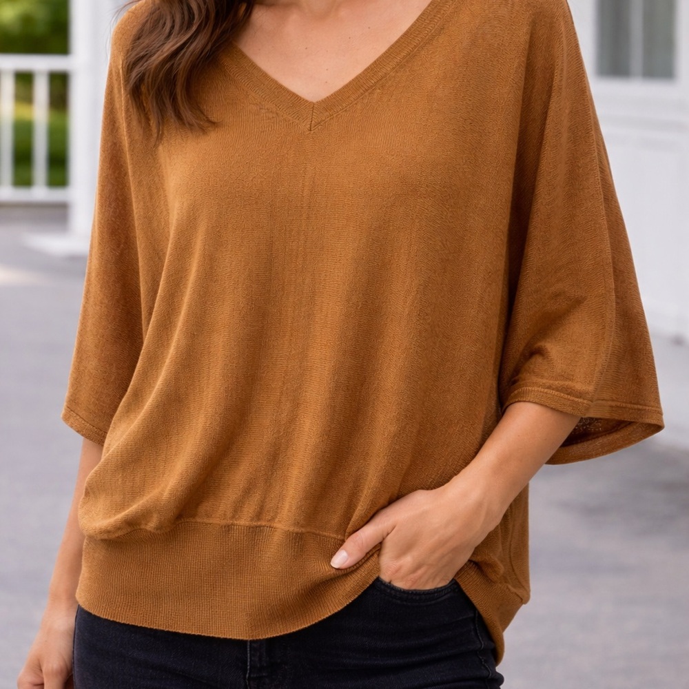 Camel V-Neck Loose Fit Top